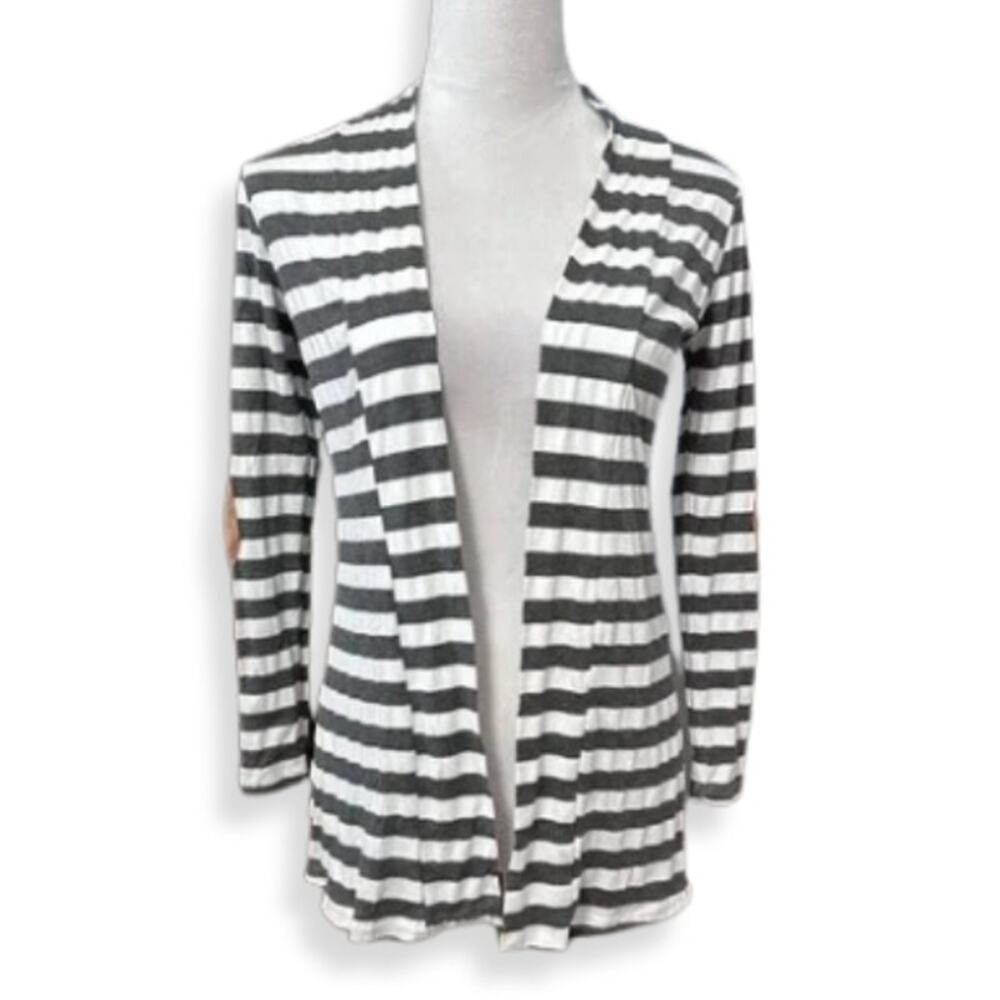 Myobe Cardigan Sweater Long Sleeve Elbow Patches Striped Open Front Gray White S